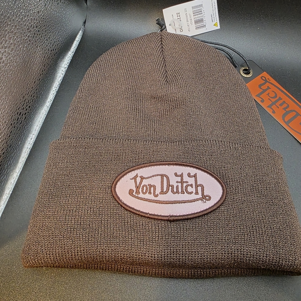 Von Dutch Chocolate And Pink Knit Beanie